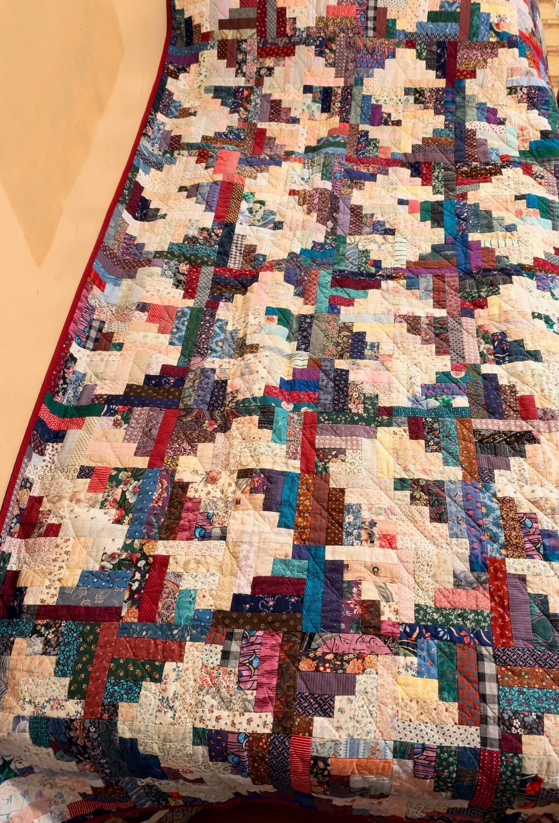 VINTAGE 1995 HAND MADE by HALF LONG CABIN QUILT FLORAL SQAURE & BIRDS 80”x48” VINTAGE 1995 HAND MADE by HALF LONG CABIN QUILT FLORAL SQAURE & BIRDS 80”x48”
