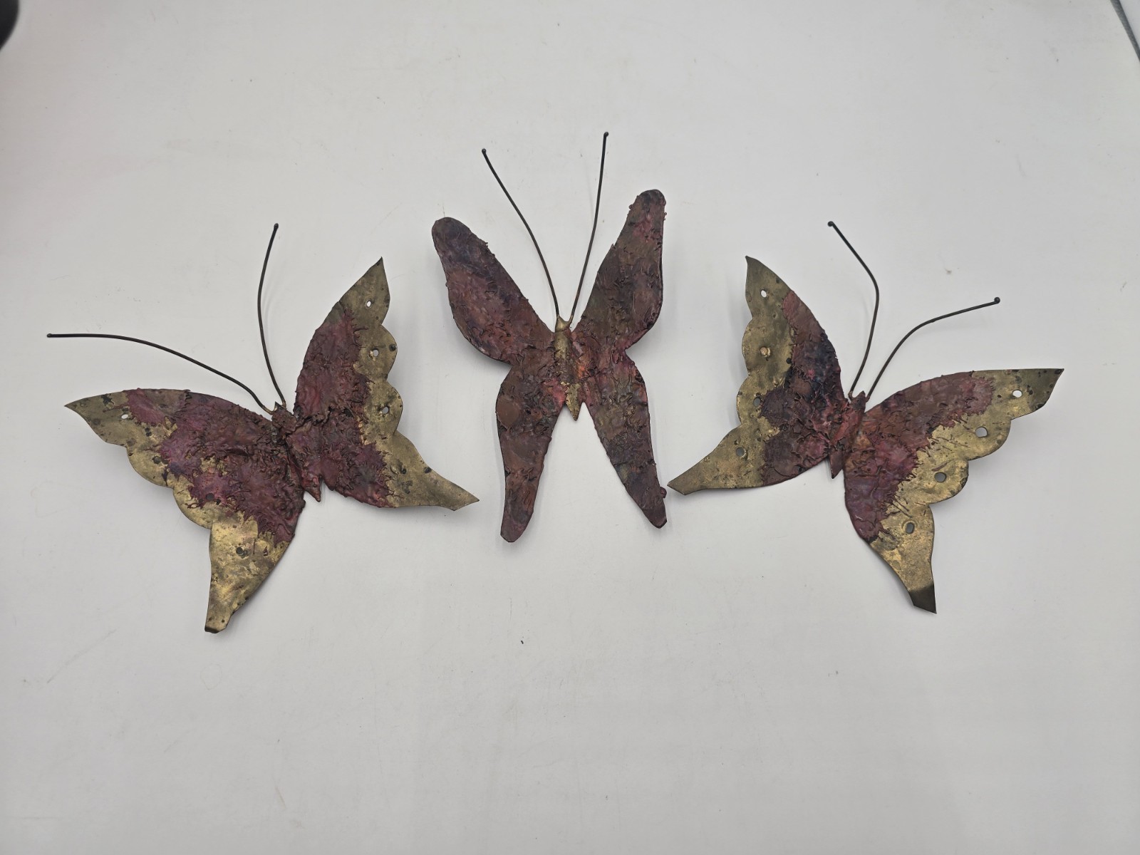 MCM Vintage Brutalist Brass and Copper Wall Butterfly 3 PC Set Mexico
