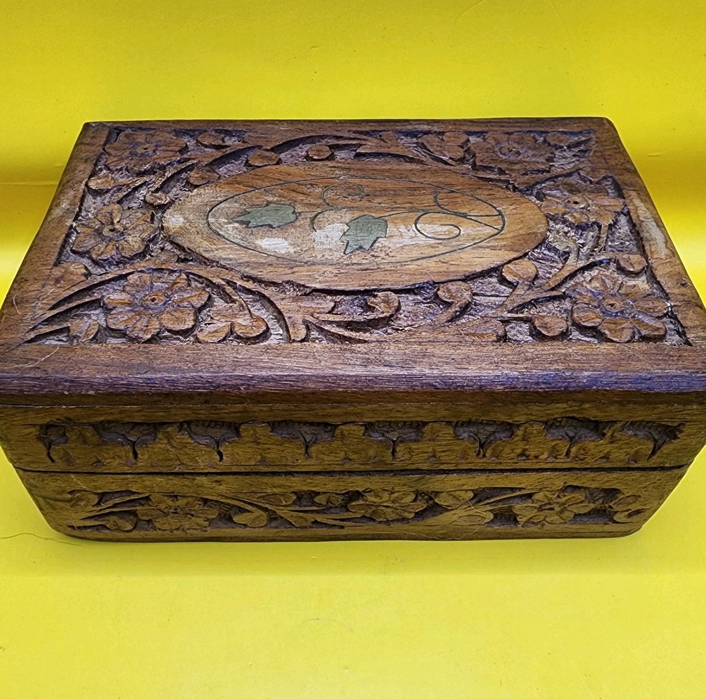 VIntage Hand Carved Wooden Floral Jewelry Box India 5.75x3.75