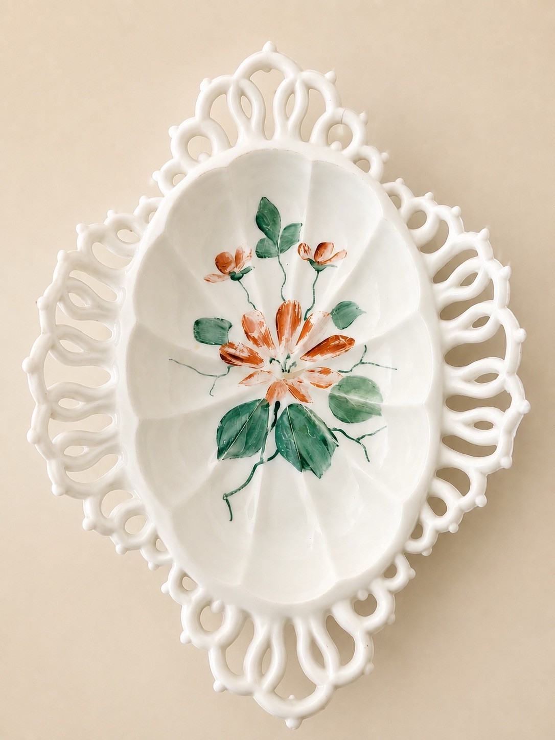 Antique EAPG Challinor Taylor & Co. Milk Glass Hand-Painted Floral Openwork Bowl
