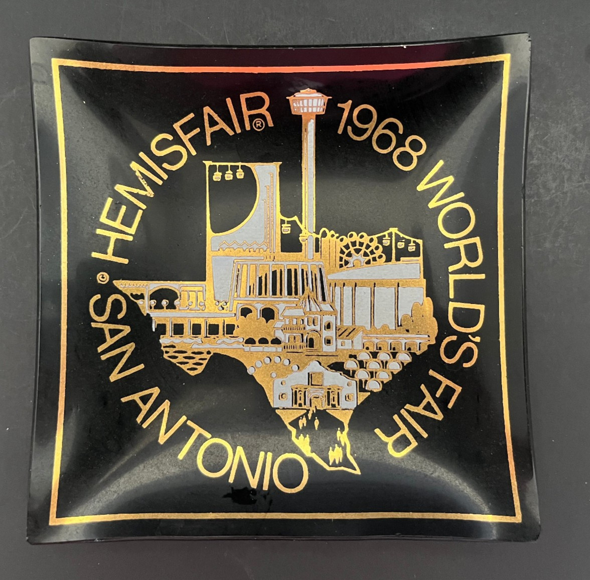 Vintage 1968 Black Glass Tip Tray World\'s Fair San Antonio Tower of the Americas