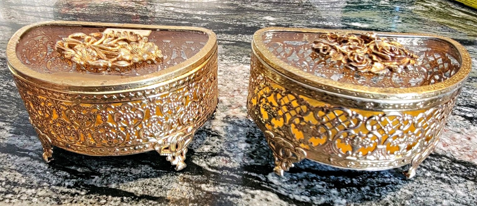 Vintage Pair Matson Style Ormolu Gold Filigree Jewelry Casket Boxes Amber Bevele Vintage Pair Matson Style Ormolu Gold Filigree Jewelry Casket Boxes Amber Bevele