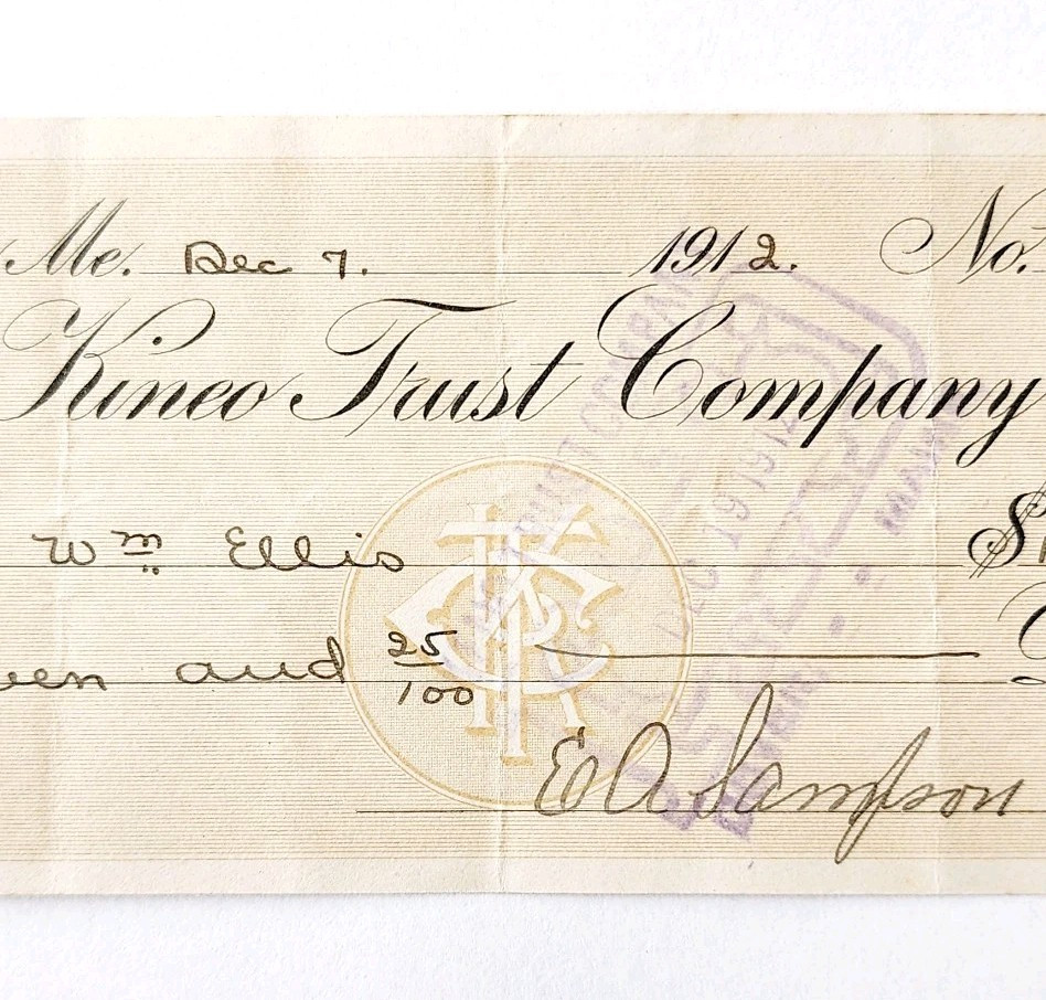 1912 Kineo Trust Company Bank Check E.A. Sampson Dover Maine Signed 1052 CHX3