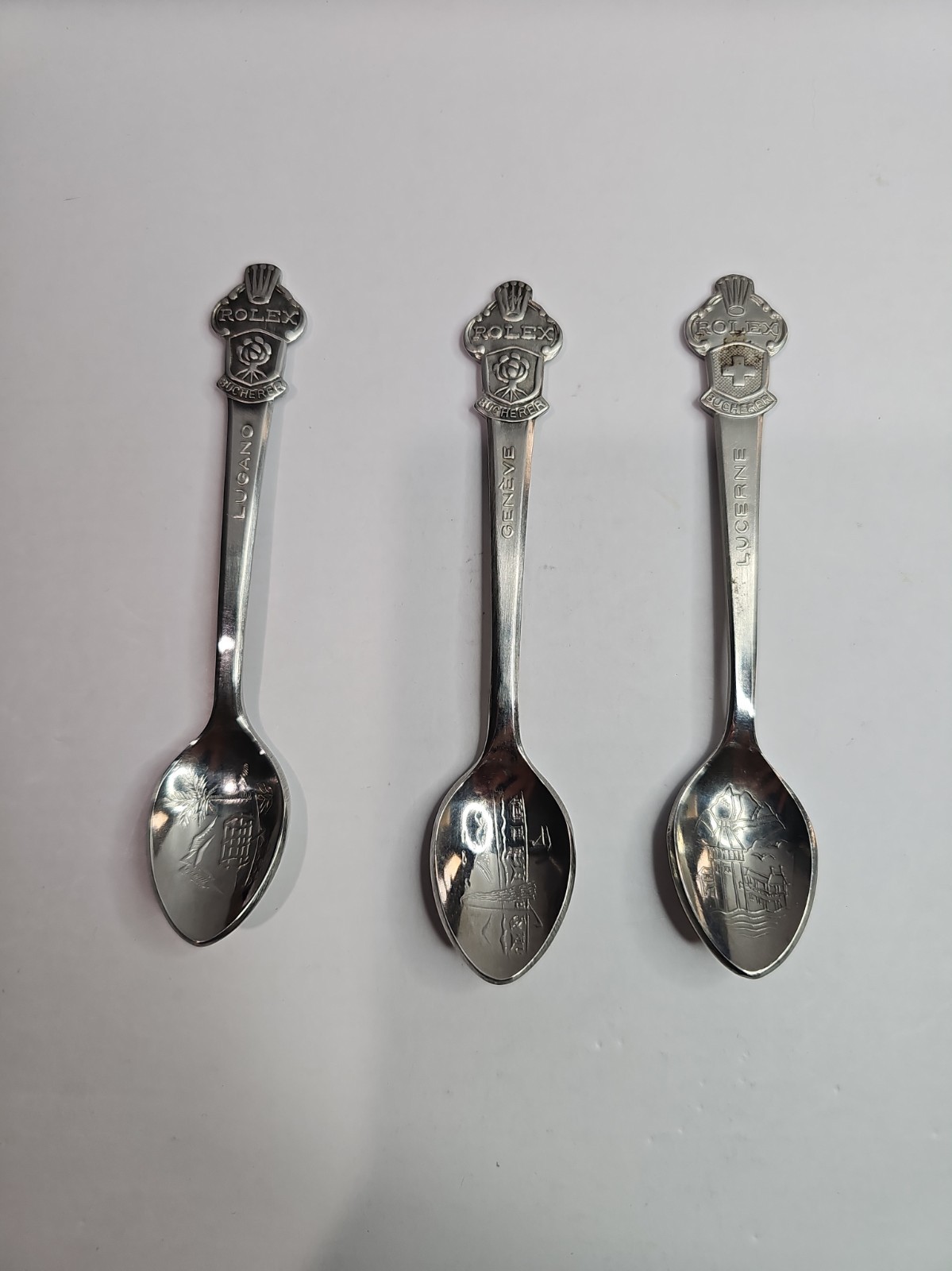 Set of 3 Vintage Souvenir Spoon Collectible Rolex Bucherer Of Switzerland