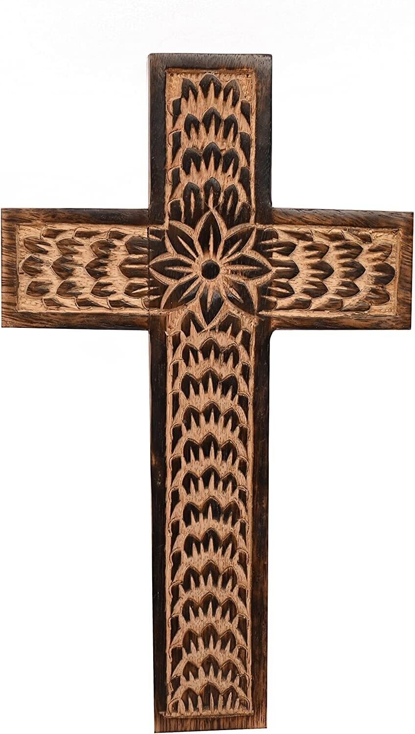 Mango Wood Wall Cross, Jesus Christ Floral Carving