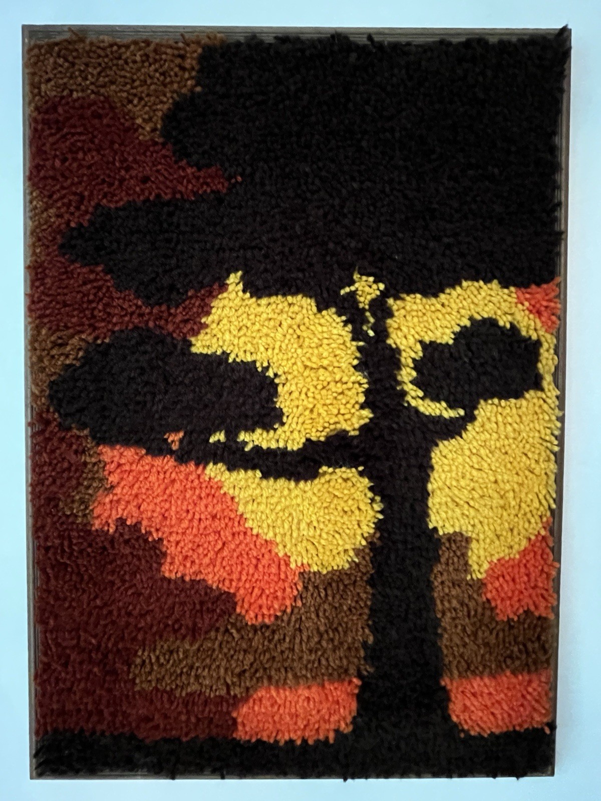 Vtg 1970s Sunset Tree Latch Hook Rug Framed Shag Wall Art MCM 28x20
