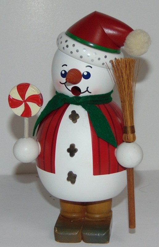 Vtg Wooden Incnse Smoker Snowman with Broom & Candy