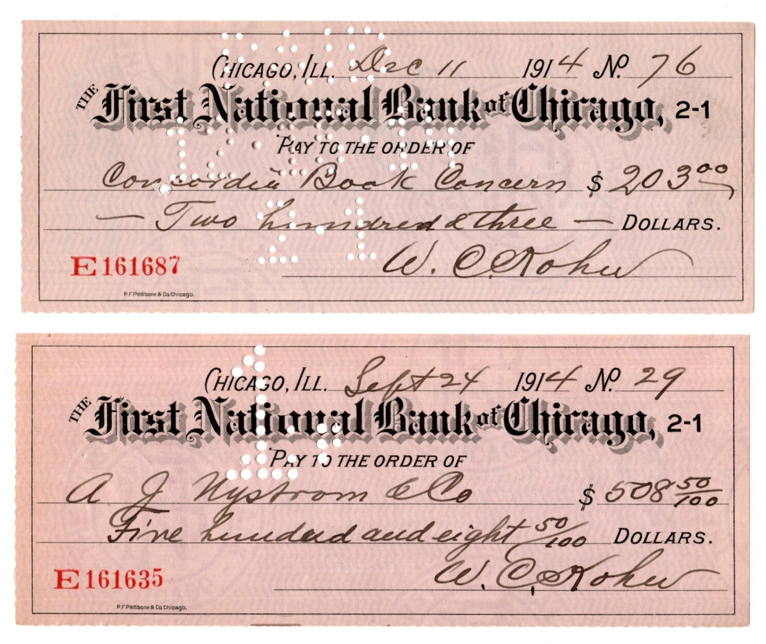 (2) 1914 CHICAGO IL FIRST NATIONAL BANK OF CHICAGO BANK CHECKS - 111 YEARS OLD (2) 1914 CHICAGO IL FIRST NATIONAL BANK OF CHICAGO BANK CHECKS - 111 YEARS OLD