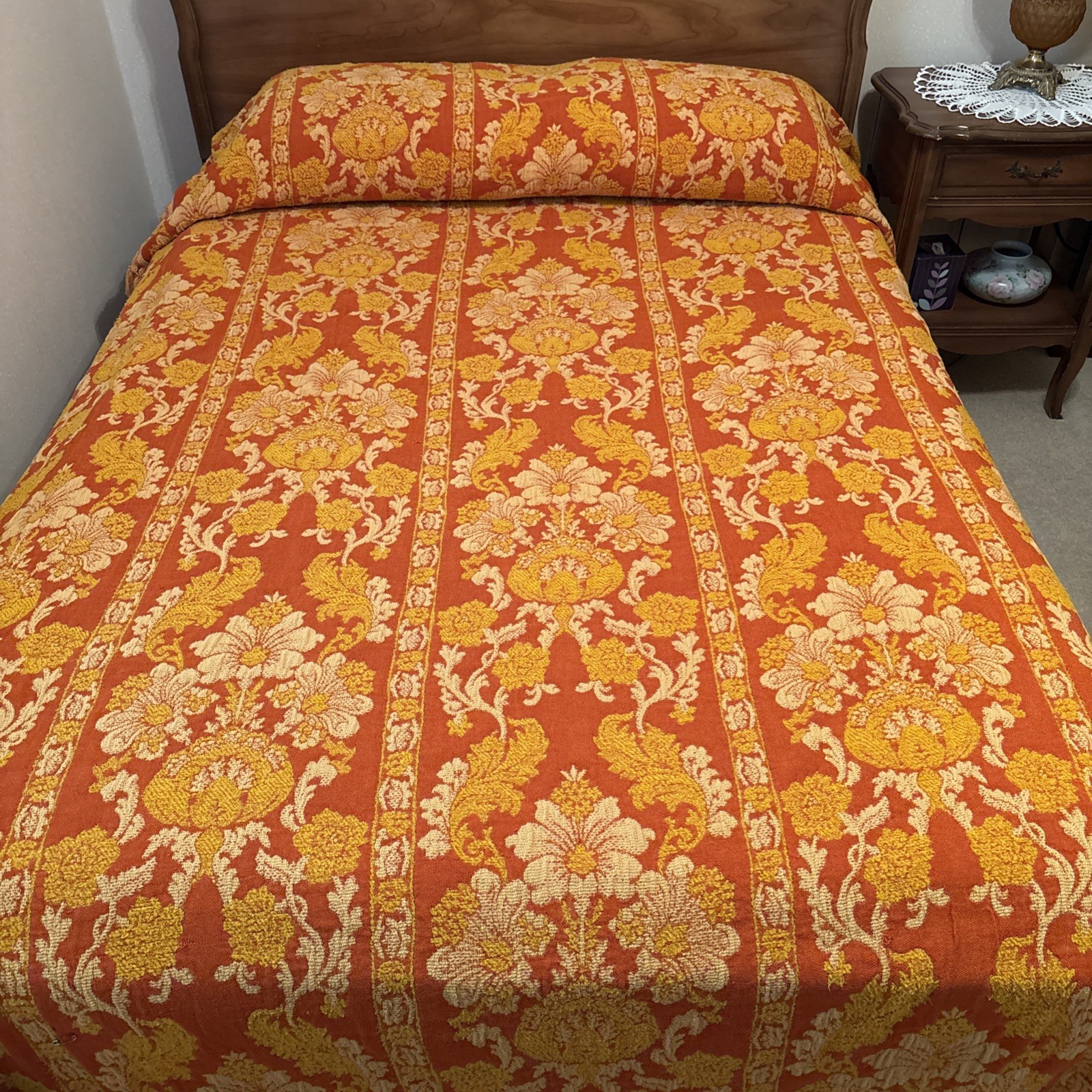 Fashion Manor Vintage Jacard Floral Damask Rust Orange Bed Spread 108” X 57”