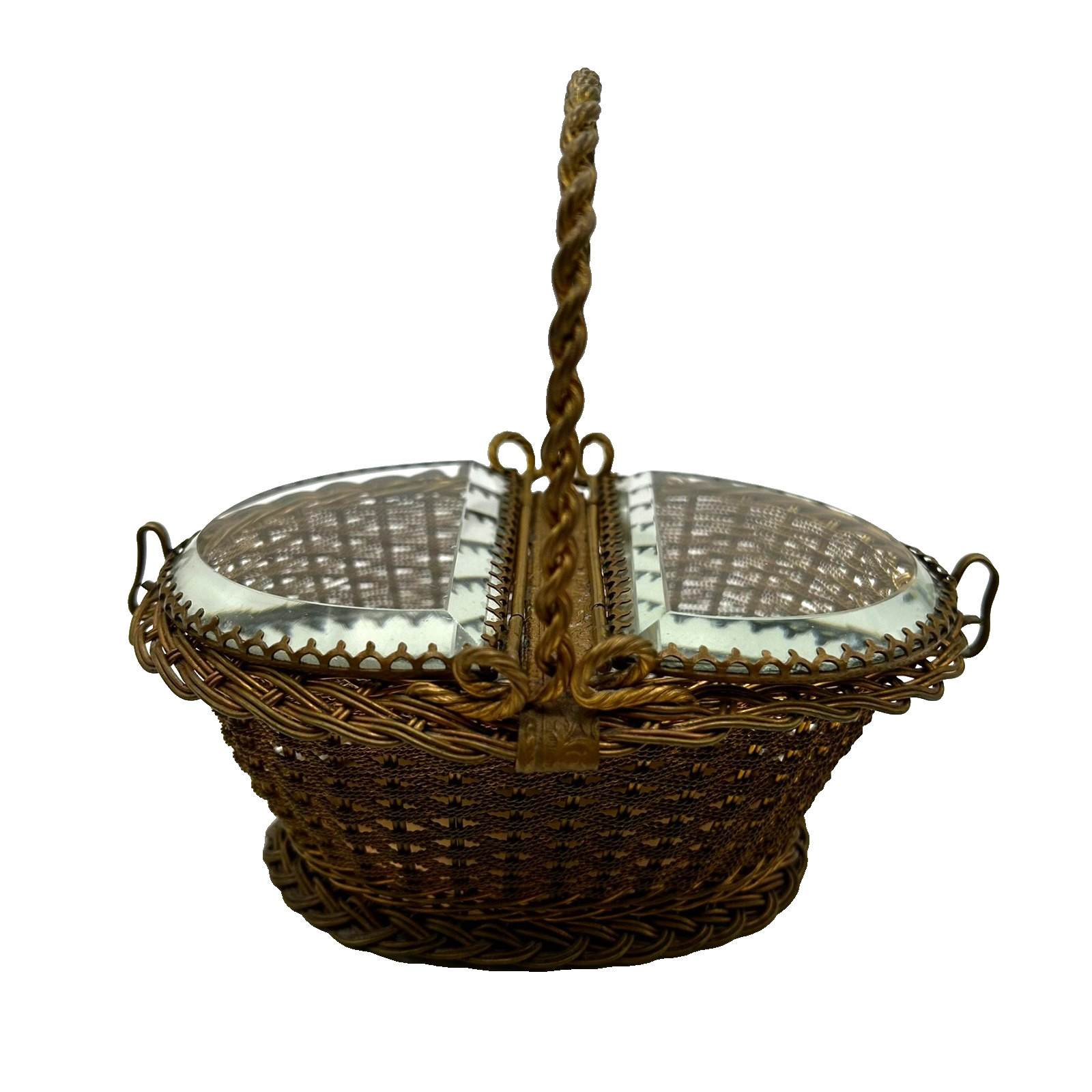 Antique Weaved Brass Metal Basket Double Sided Beveled Glass Top Candy Nut Dish Antique Weaved Brass Metal Basket Double Sided Beveled Glass Top Candy Nut Dish