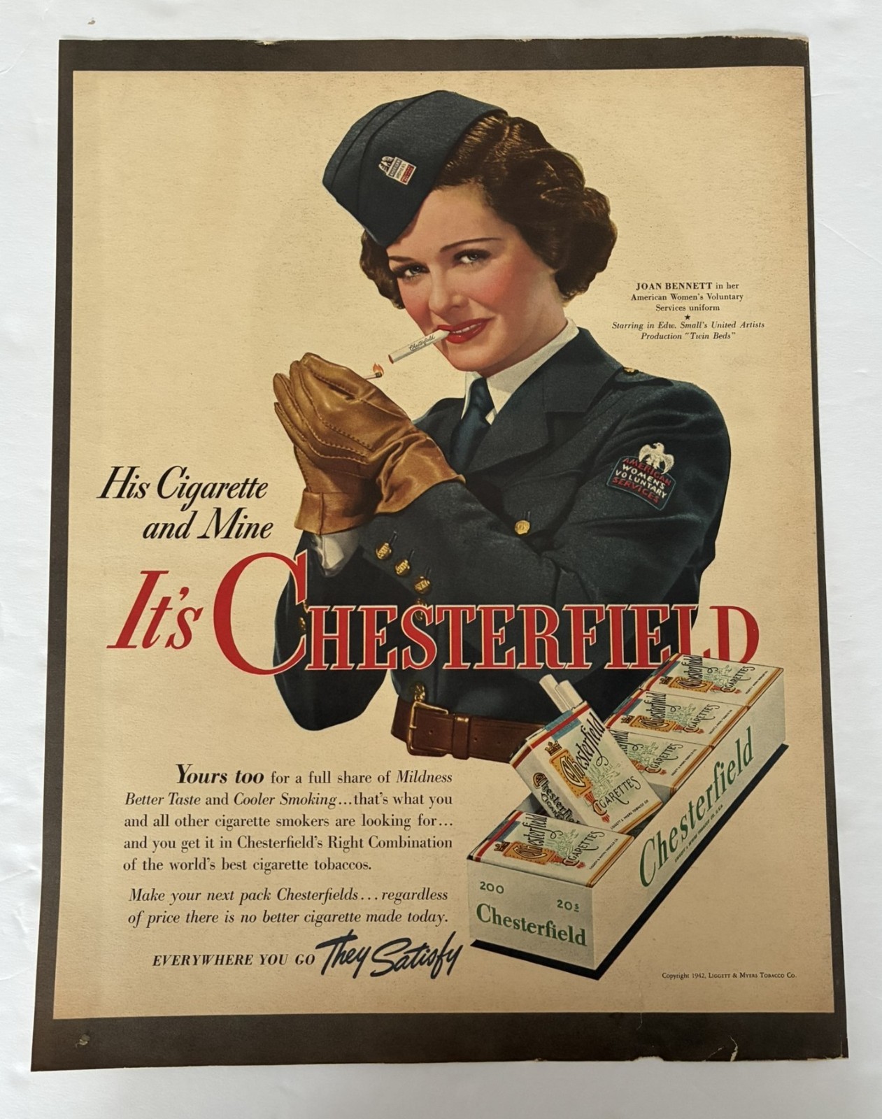 Joan Bennet American  Women\'s Volunteer Service Chesterfield Cigarette  WWII  Ad