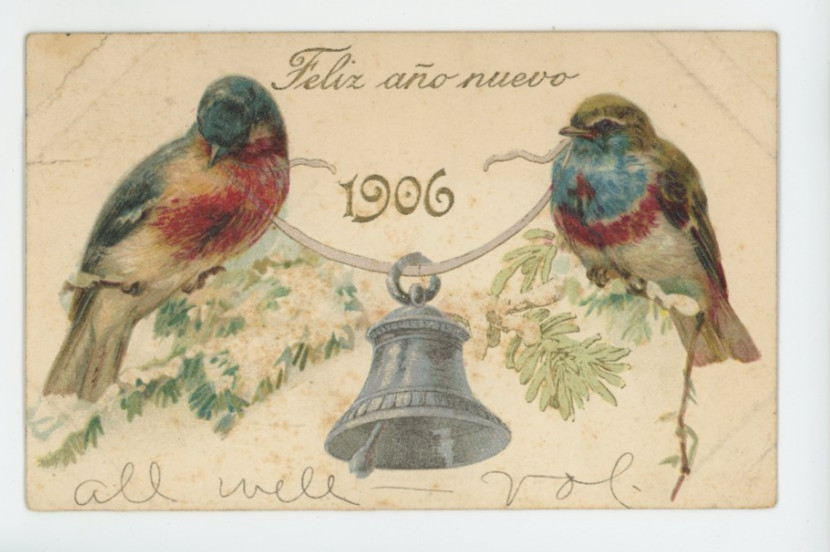 Vintage Postcard 1906 Feliz Ano Nuevo Birds Bell New Year Greeting