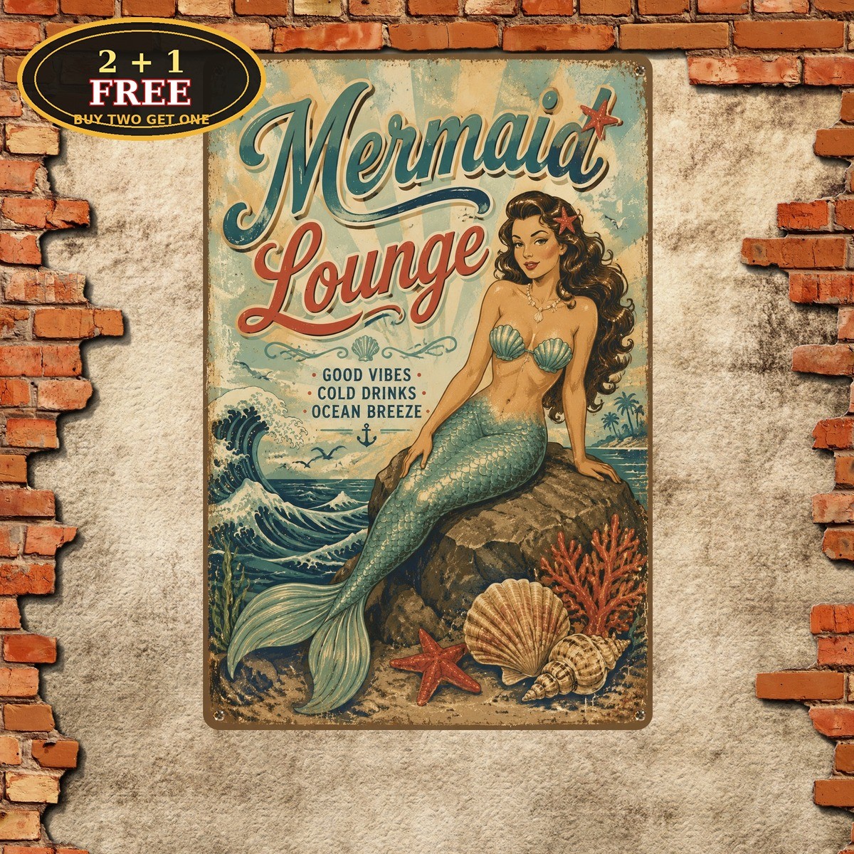 Mermaid Lounge Metallic Finish Cocktail Bar Beach Hut Metal Sign 8x12