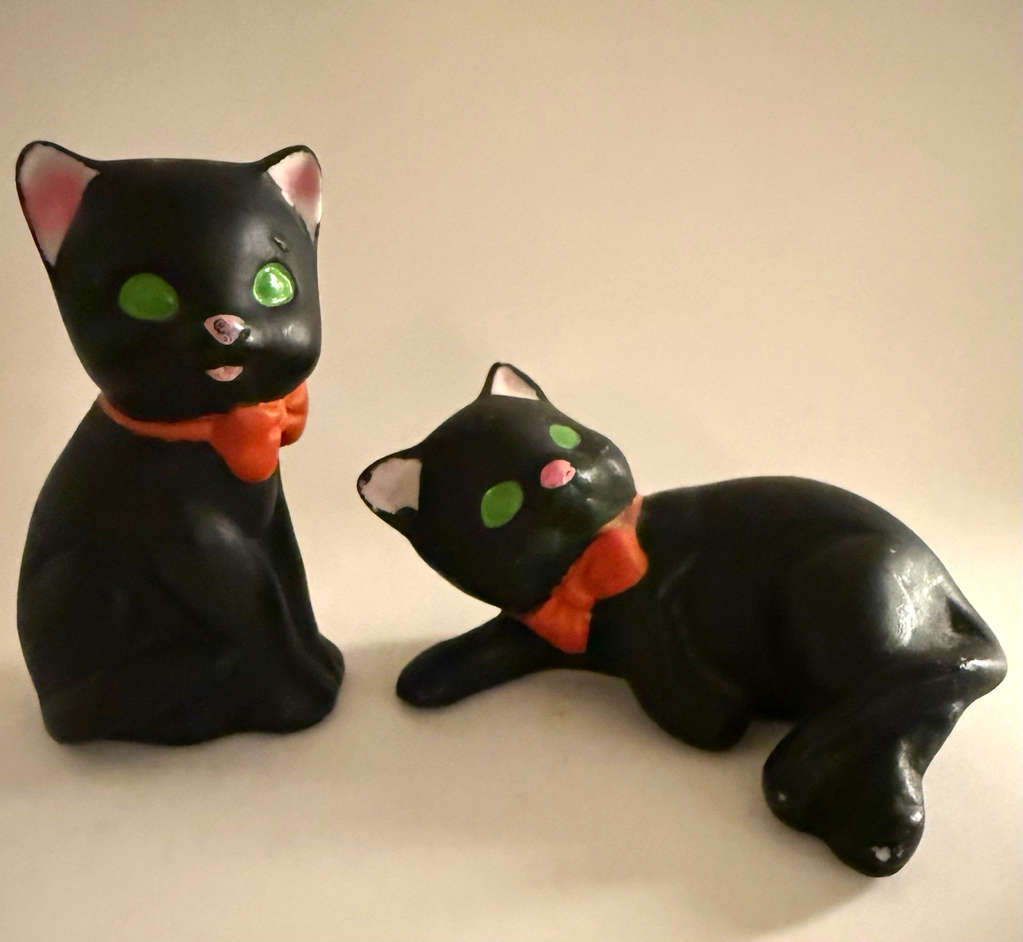 Ceramic Black Cat Figurines Pair (2 pcs) Orange Bows, Green Eyes