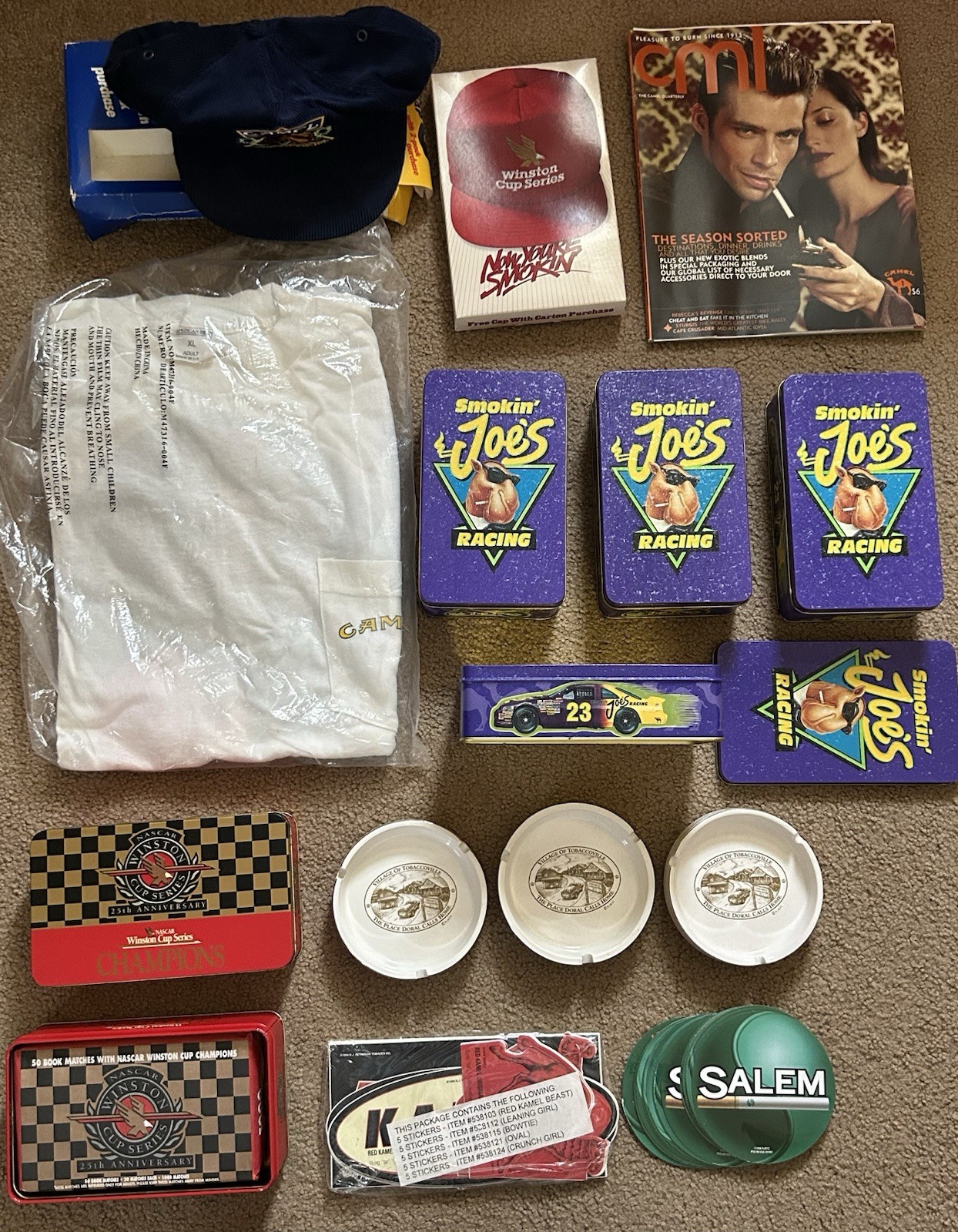 VTG Salesman Sample Lot Camel T Shirt, Winston Matchbooks, Ashtrays, Hat, Tins VTG Salesman Sample Lot Camel T Shirt, Winston Matchbooks, Ashtrays, Hat, Tins