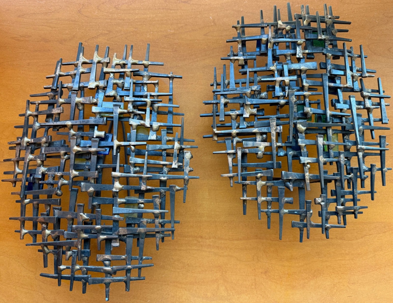 Pair Vintage MCM Brutalist Wall Sconces Metal Sculptural Art Mid Century Modern