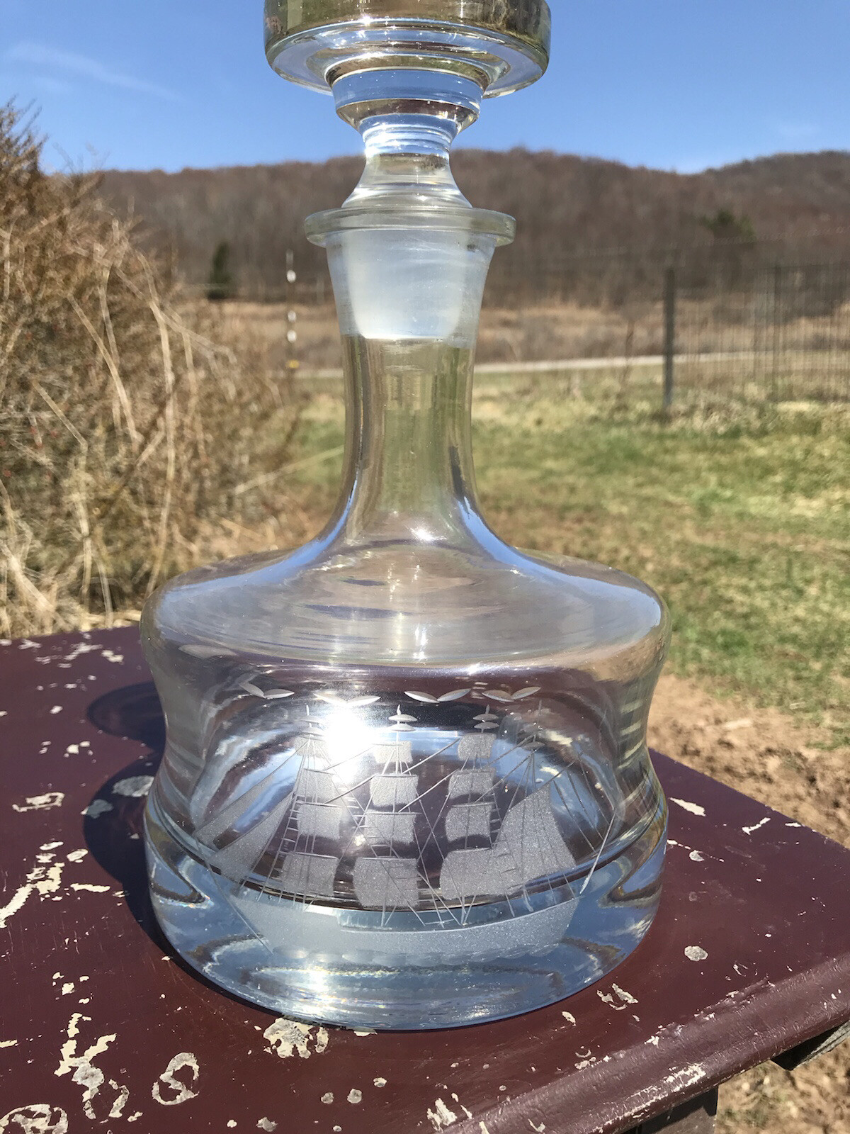 Crystal Decanter Nautical Themed Queens Award By Leonard Clear Ships Stunning 