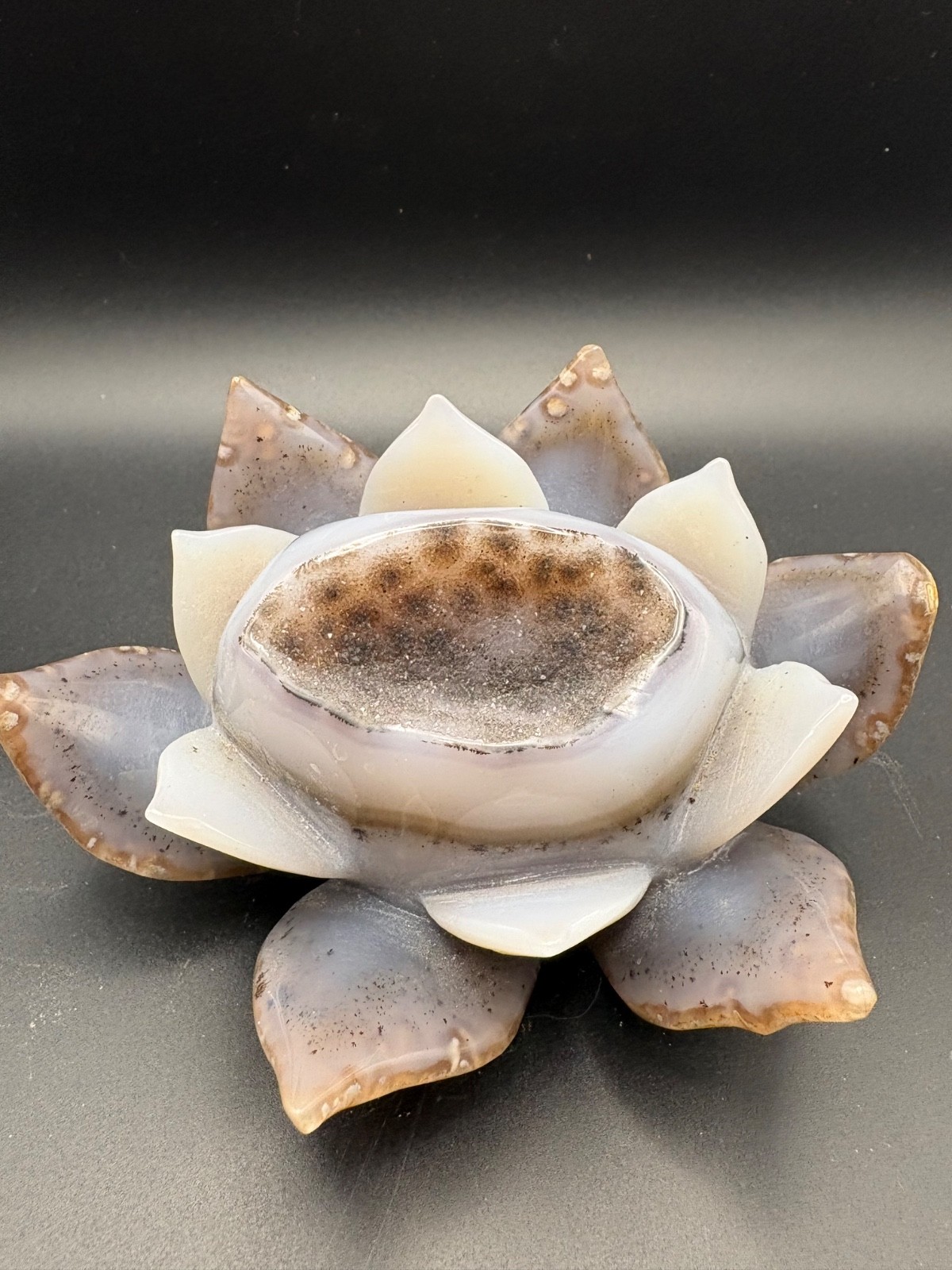 masterfully hand-carved druzy agate geode sculpted into the shape of a lotus