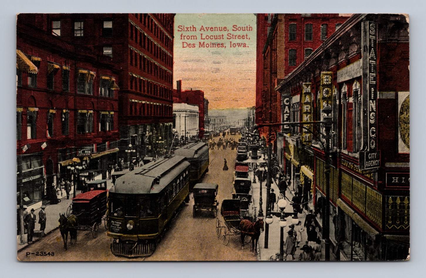 Antique Iowa Postcard DES MOINES Sixth Avenue Locust Street 1913