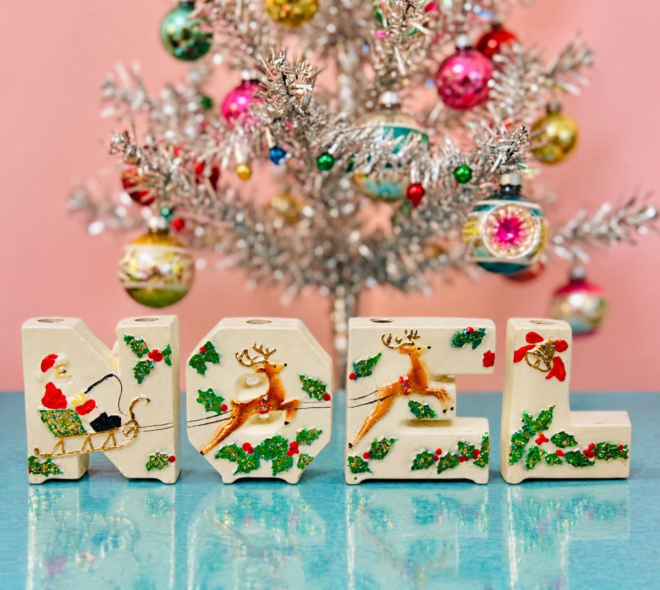  Vintage Lipper & Mann NOEL Candleholder Santa Sleigh Reindeer MCM Japan