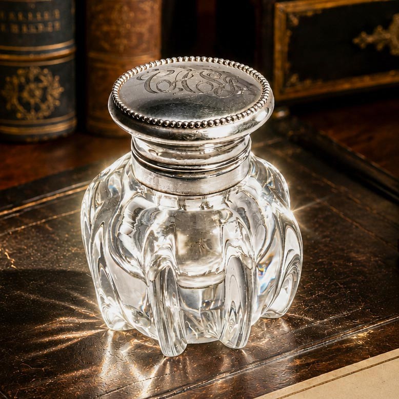 Stunning Crystal Sterling Silver Antique Art Nouveau Desk Paperweight Inkwell Stunning Crystal Sterling Silver Antique Art Nouveau Desk Paperweight Inkwell