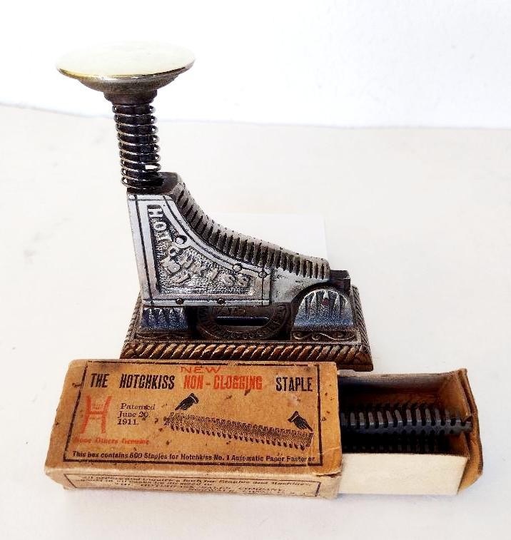 Antique HOTCHKISS NO. 1 Stapler Cast Iron Nickel Plated 1895 Patent