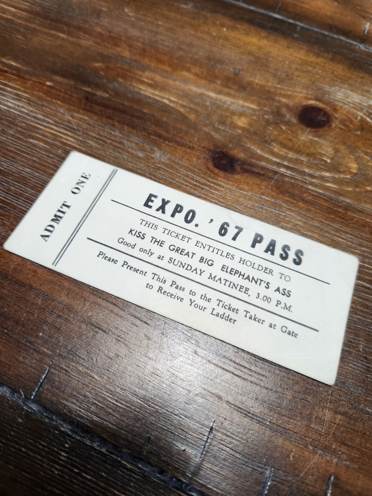 Expo 67 Novelty Pass Elephant Joke Ticket Vintage Humorous Paper Ephemera