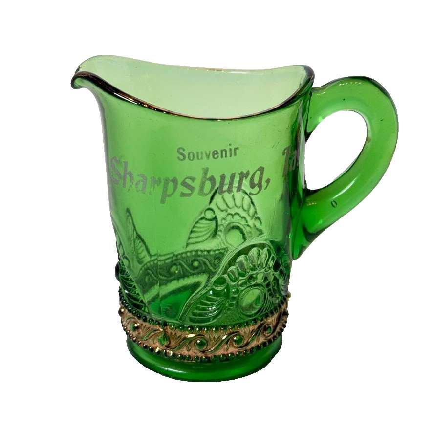 SHARPSBURG IOWA IA Antique GREEN Depression Glass Souvenir TRINKET CREAMER SHARPSBURG IOWA IA Antique GREEN Depression Glass Souvenir TRINKET CREAMER