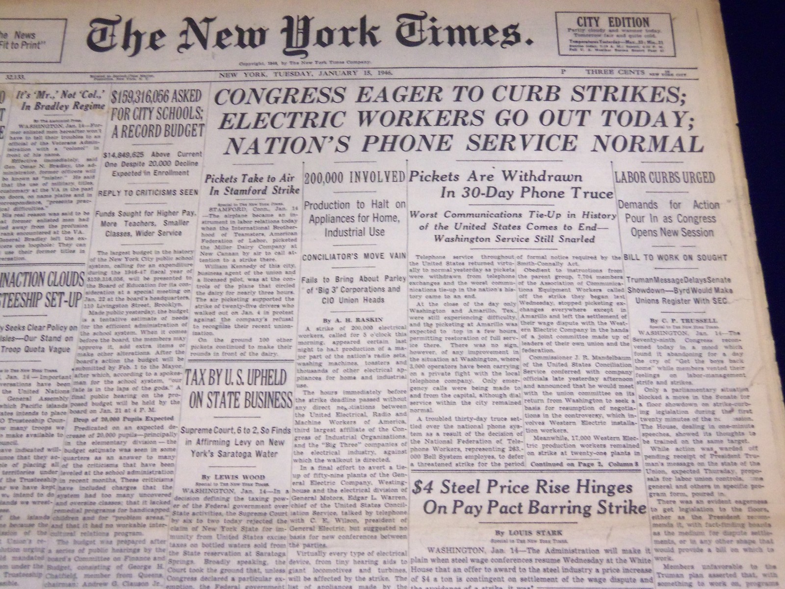1946 JAN 15 NEW YORK TIMES - ELECTRIC WORKERS OUT TODAY, PHONES NORMAL - NT 2336 1946 JAN 15 NEW YORK TIMES - ELECTRIC WORKERS OUT TODAY, PHONES NORMAL - NT 2336