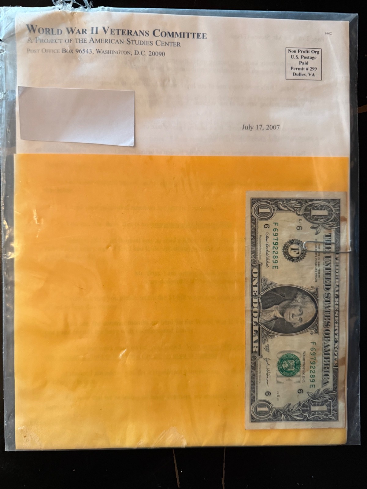 World War II Veterans Committee 2007 mailing containing $1 American Studies Ctr.
