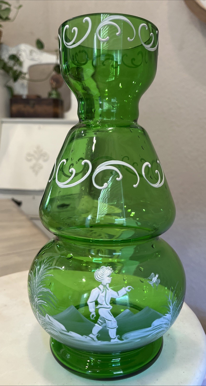 Vtg FENTON Emerald Green Glass Vase Hand Paint Mary Gregory 11” Boy & Bird XMAS Vtg FENTON Emerald Green Glass Vase Hand Paint Mary Gregory 11” Boy & Bird XMAS