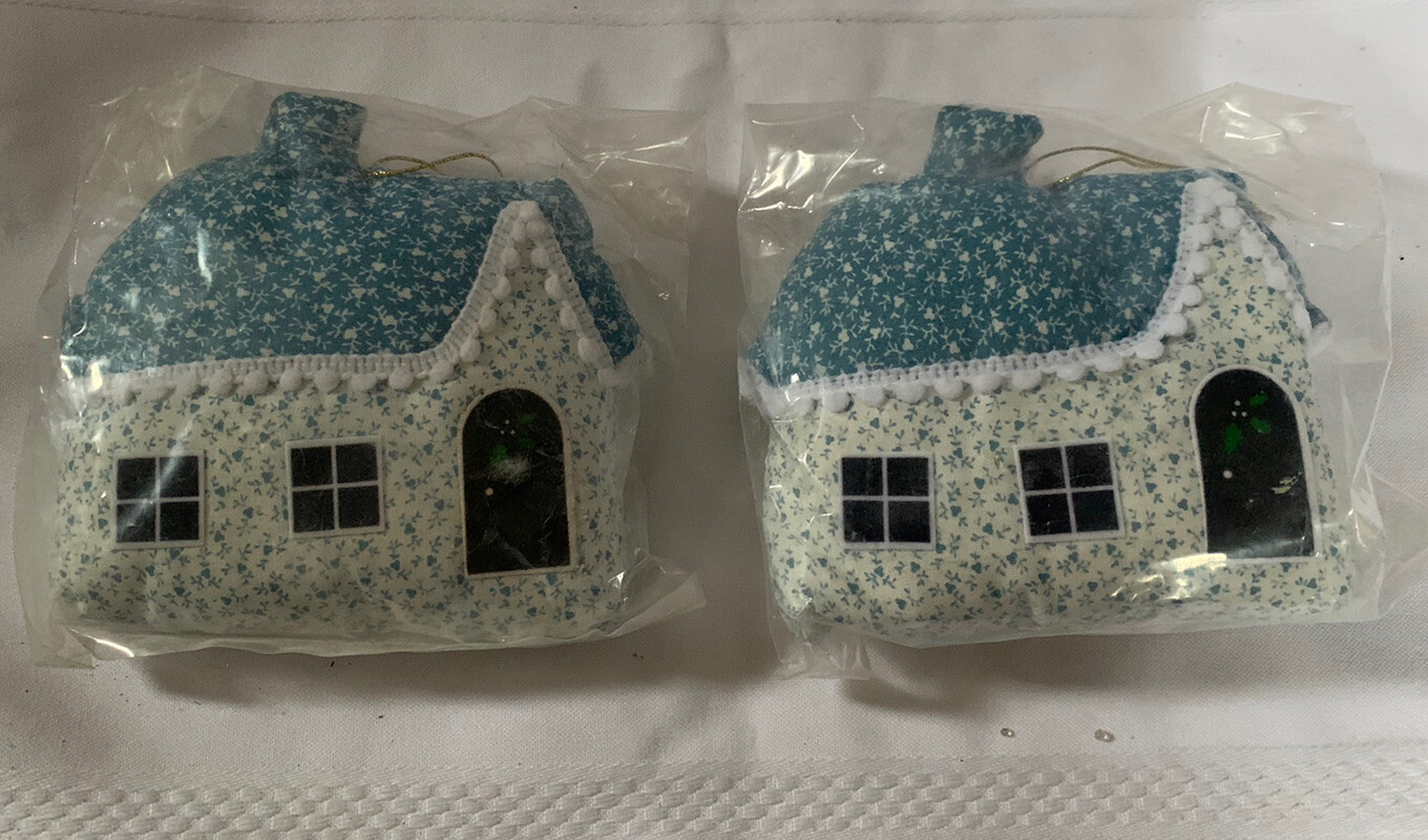 Vtg Russ Merry Christmas Church Heart Flower Blue Plush Christmas Ornament X 2