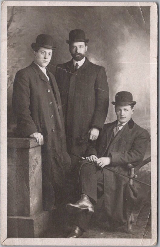 c1910s Photo RPPC Postcard Three Young Men in Overcoats & Bowler Hats / Fashion