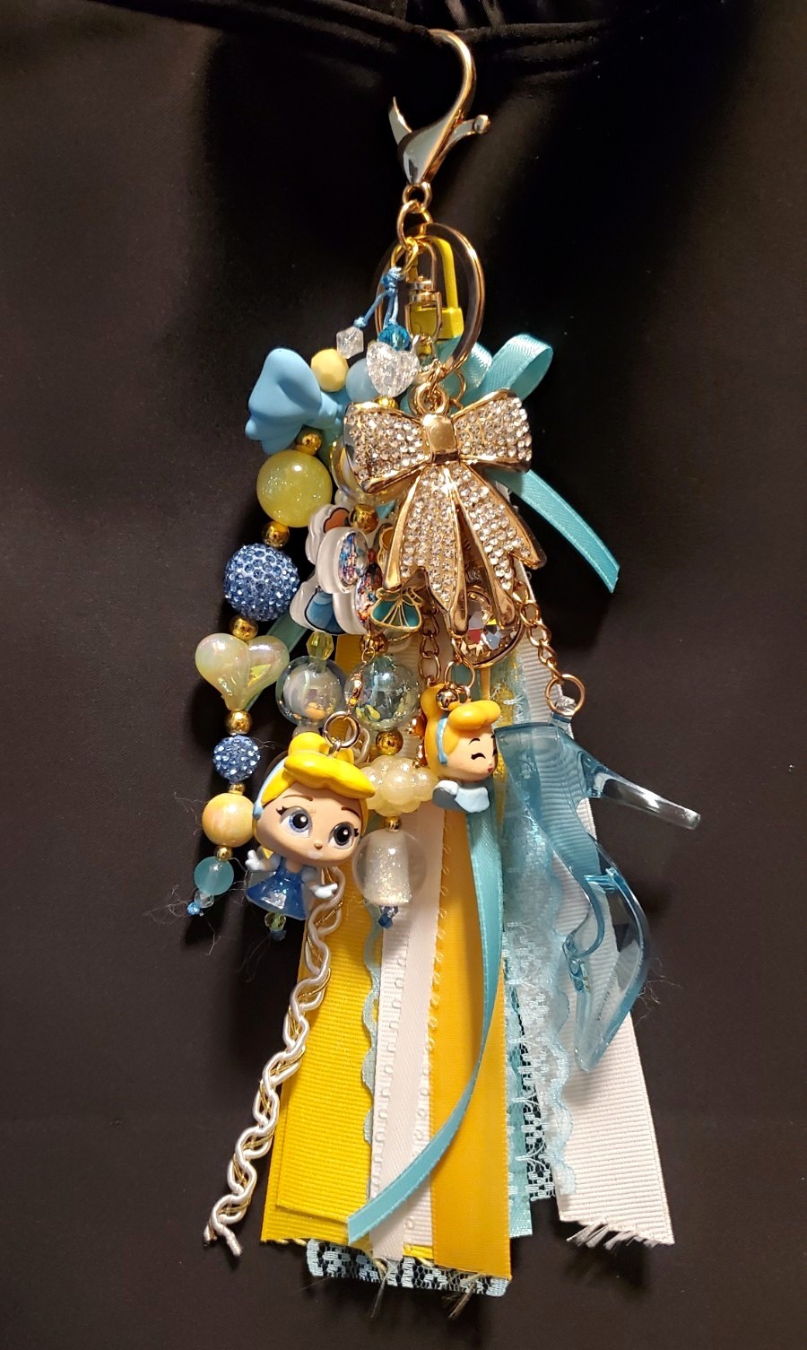 Disney Princess Fairy Tales Beaded Charm Keychain Rhinestone Ribbon Blue Yellow