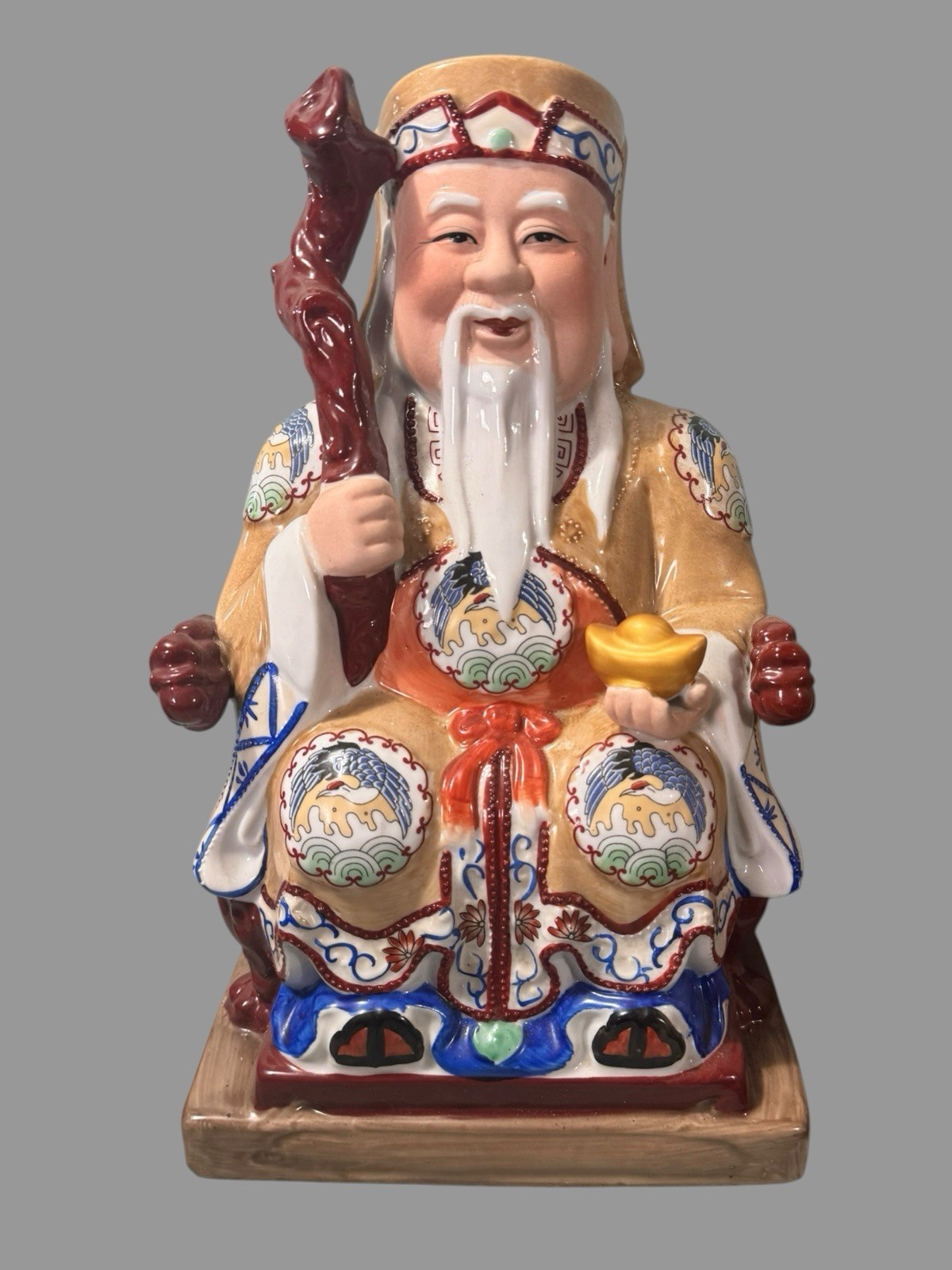 Vintage Chinese Porcelain Shou Lao God of Longevity Seated Figurine 11.5”