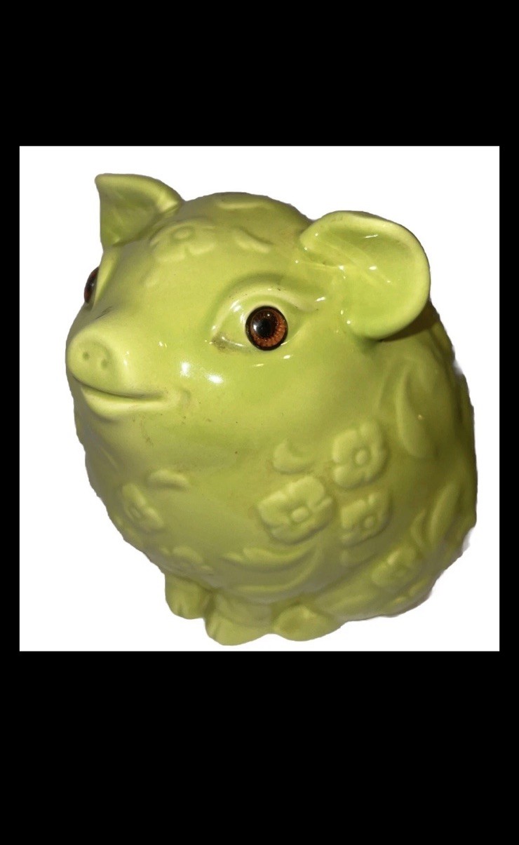 RARE Vintage Enchanto Pottery California Green Ceramic Piggy Bank Pig Figurine RARE Vintage Enchanto Pottery California Green Ceramic Piggy Bank Pig Figurine