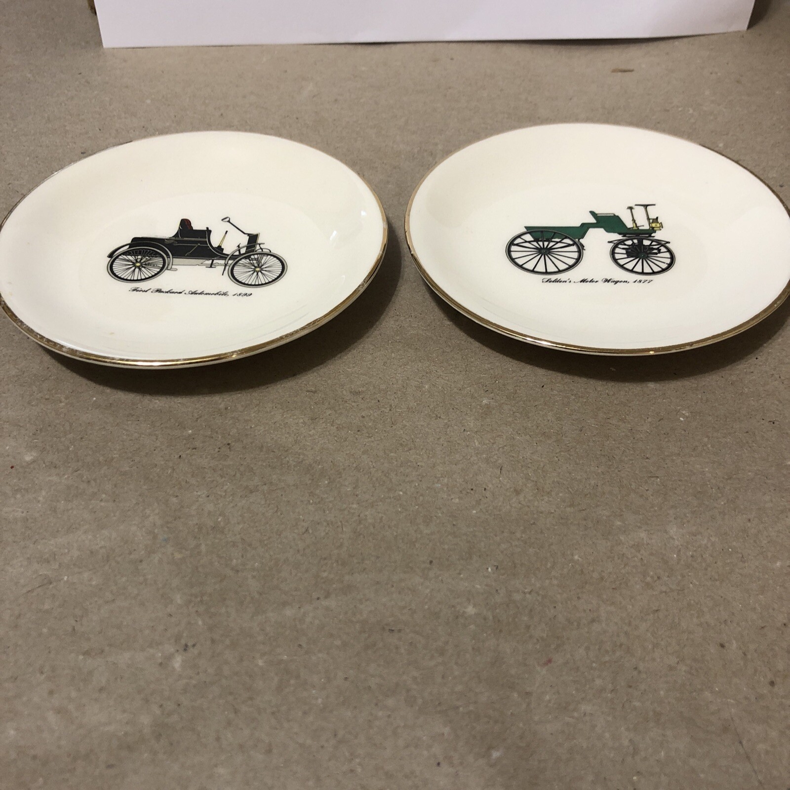 The Harker Pottery Co. Antique Car Mini Gold Trim Plates Coasters Set of 2 The Harker Pottery Co. Antique Car Mini Gold Trim Plates Coasters Set of 2