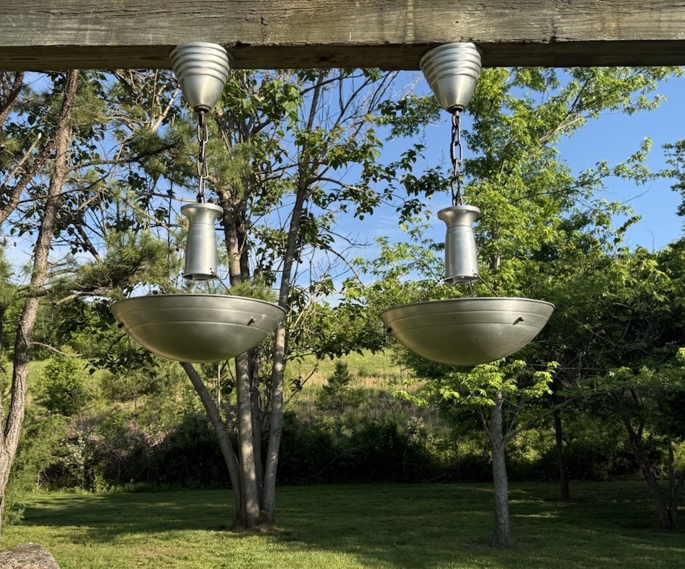 PAIR 1950s-60s SPACE AGE SPUN ALUMINUM And BRASS PENDANTS - READY TO GO PAIR 1950s-60s SPACE AGE SPUN ALUMINUM And BRASS PENDANTS - READY TO GO