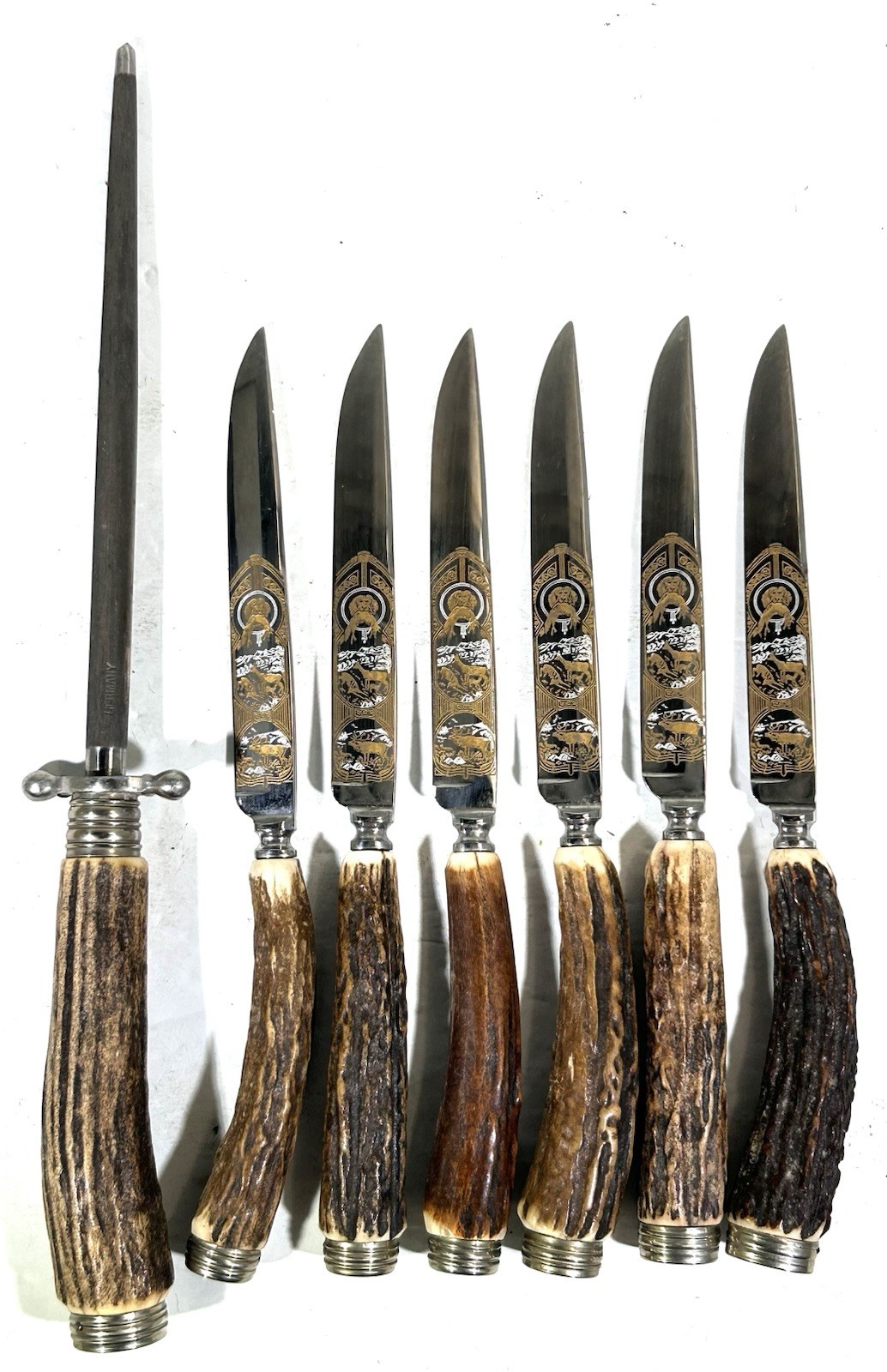 Vintage Solingen Germany Stag Handle Stainless Steel Knife Set & Honing Rod