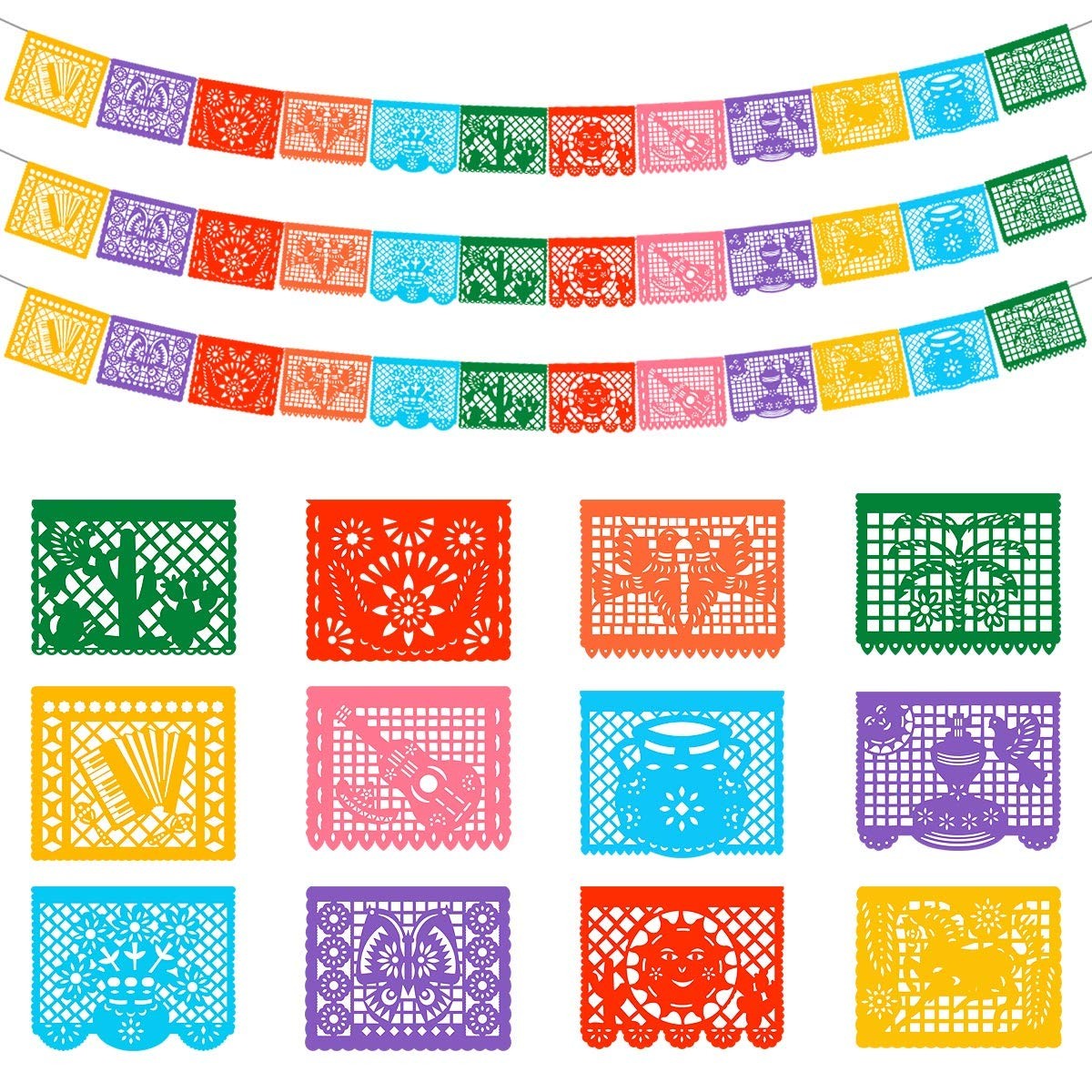 66Ft Mexican Papel Picado Banner 3 Pack Fiesta Party Decorations Waterproof