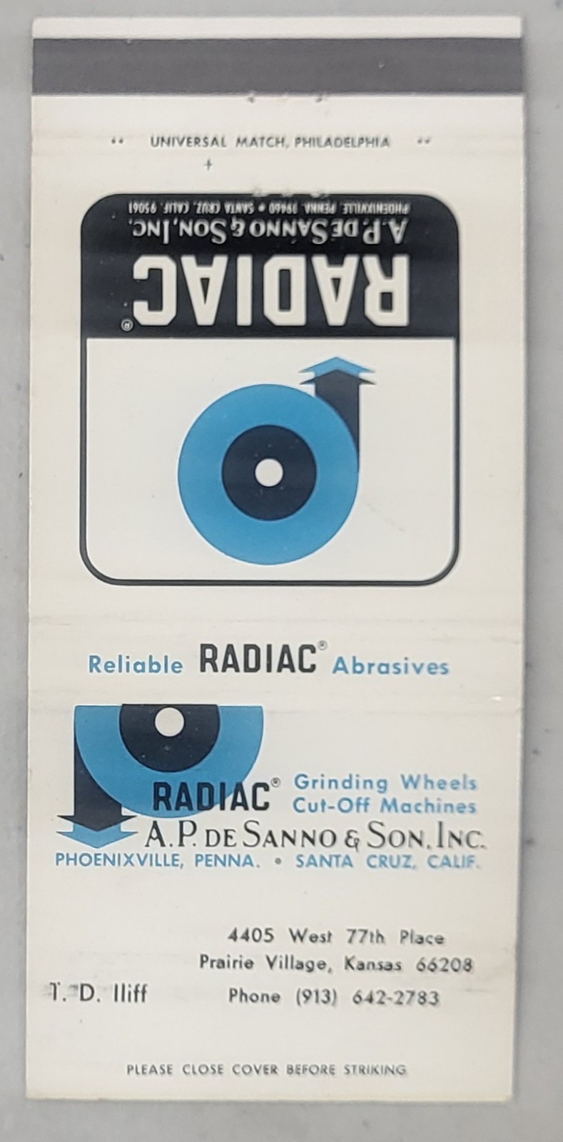 Matchcover USA Prairie Village Kansas Radiac Abrasives Matchcover USA Prairie Village Kansas Radiac Abrasives