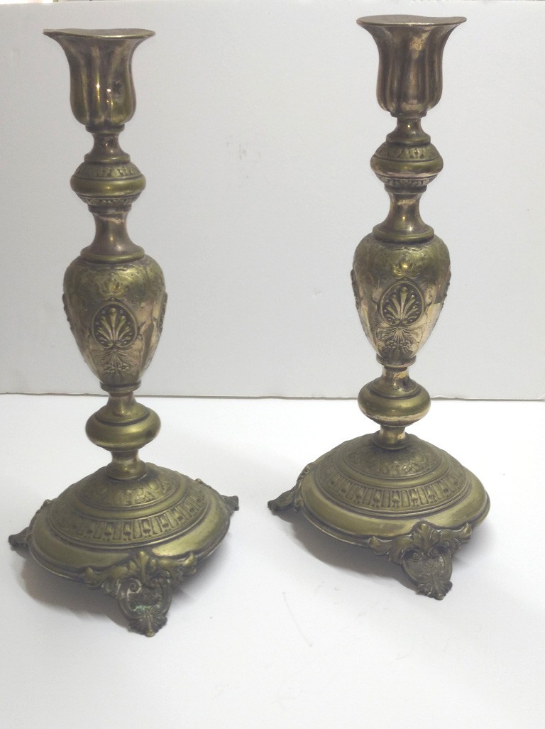 Pair Antique c1900 Fraget-N Poland Judaica Brass Sabbath Candlesticks, H 34 cm