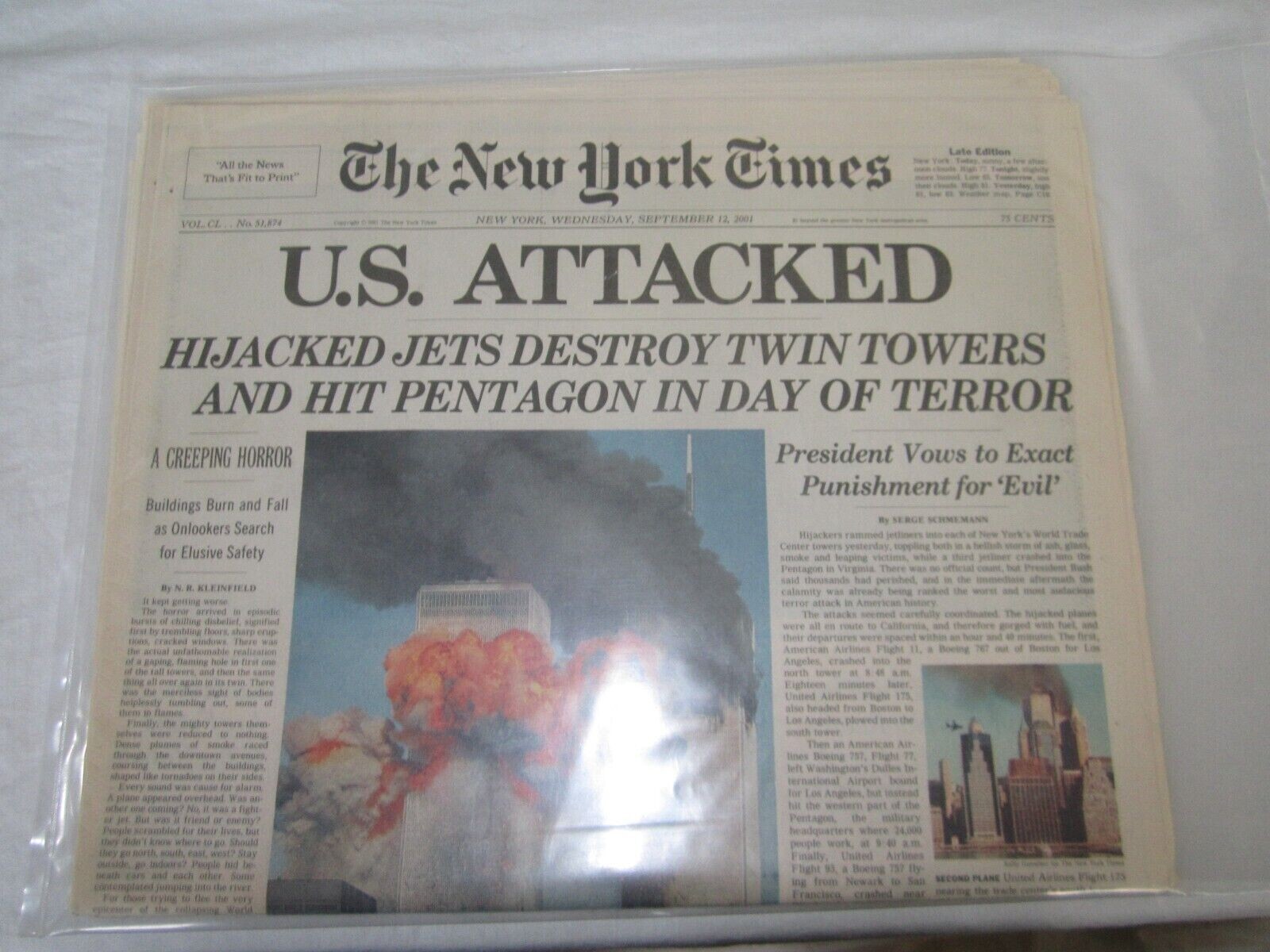 Vacuum Sealed Late Edition 2001 New York Times 9 11 01 Newspaper NY 12 September