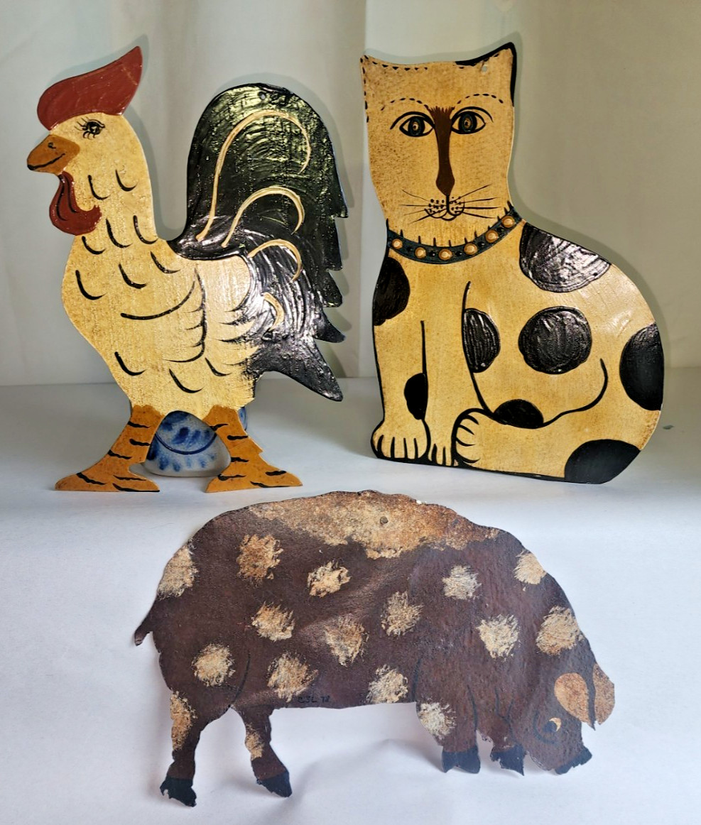 Vintage Folk Art Tin Silhouette Lot of 3 - Hand Painted Rooster, Cat, Pig Vintage Folk Art Tin Silhouette Lot of 3 - Hand Painted Rooster, Cat, Pig