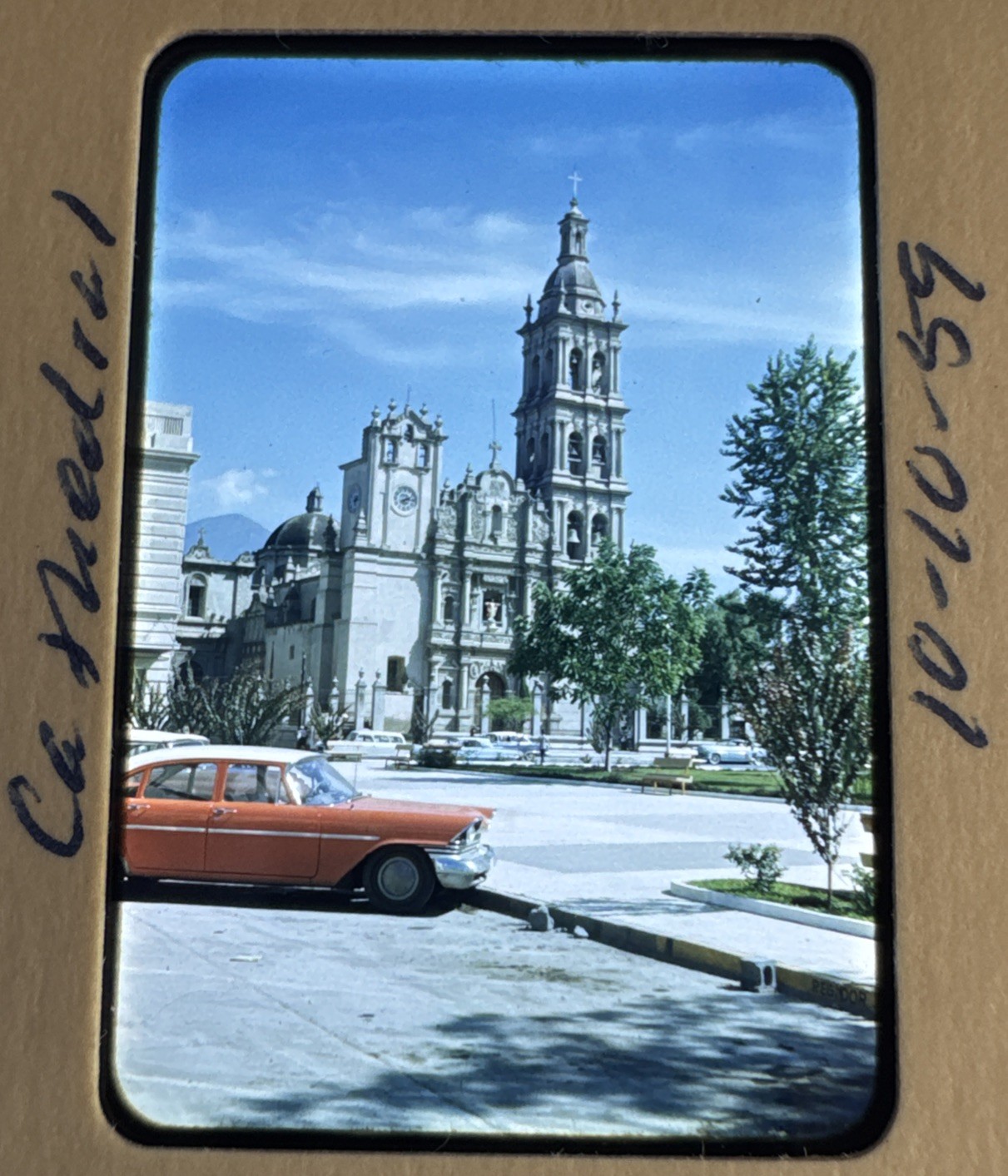 Vintage 1959 Kodachrome Slide Mexican Cathedral Plaza Period Car