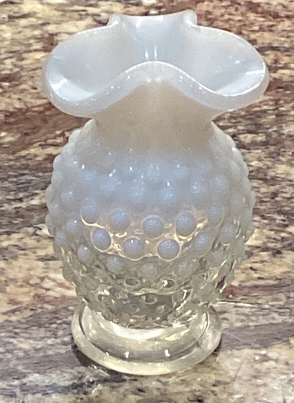 FENTON FRENCH OPALESCENT HOBNAIL VASE RUFFLED RIM 4”T
