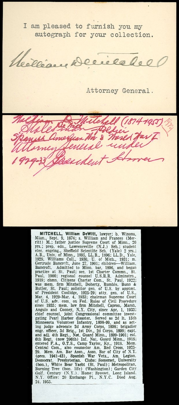 1929c WILLIAM DEWITT MITCHELL Autograph, PRES HERBERT HOOVER US ATTORNEY GENERAL
