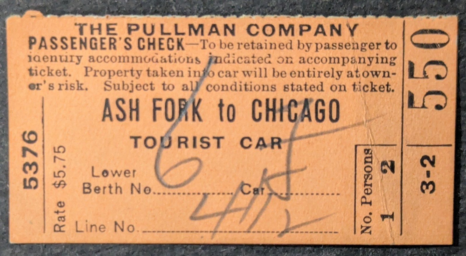 ***VINTAGE 1916 PULLMAN COMPANY TOURIST CAR PASSENGER\'S CHECK***S.F.P. & P. RY. ***VINTAGE 1916 PULLMAN COMPANY TOURIST CAR PASSENGER\'S CHECK***S.F.P. & P. RY.
