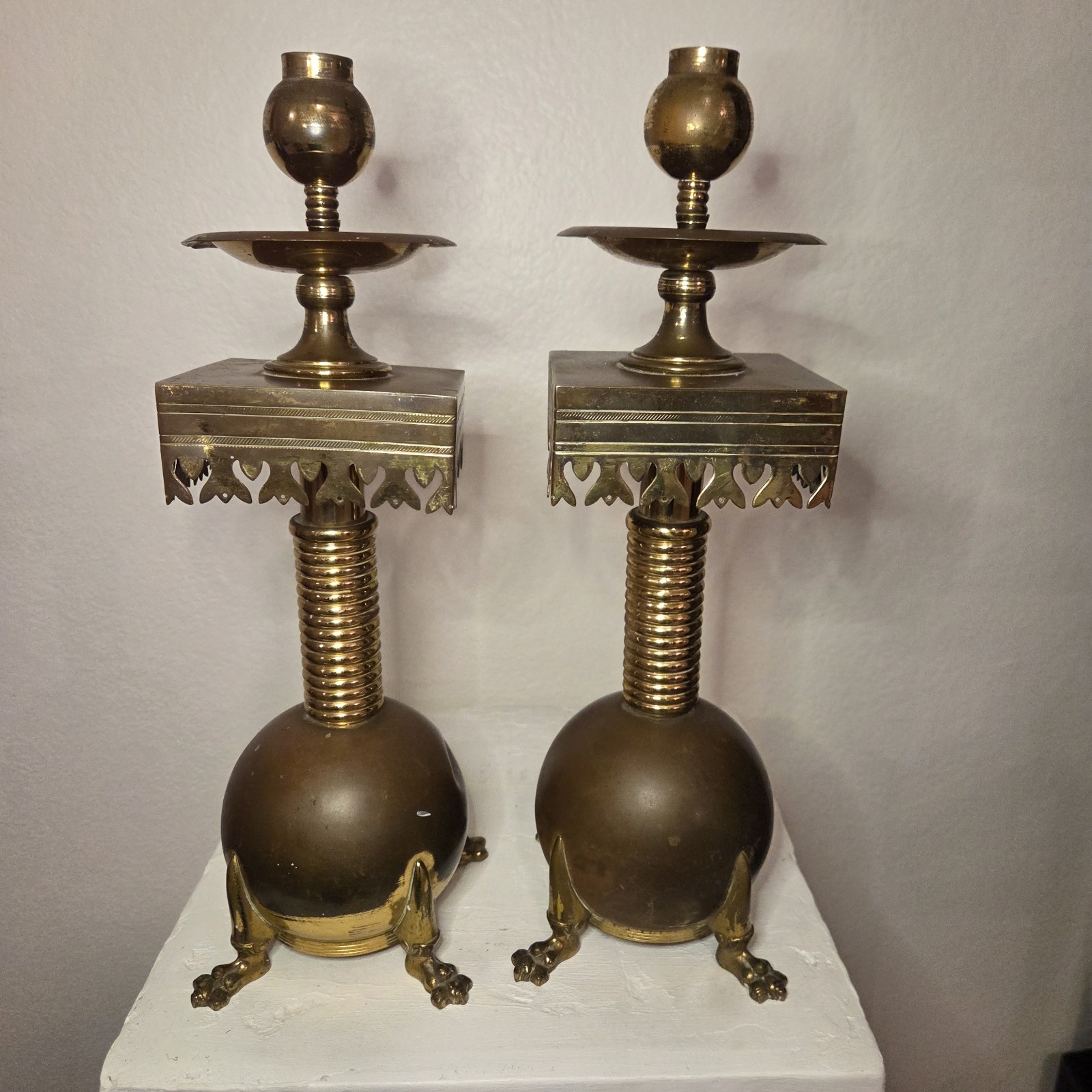 Antique VTG Victorian Baroque Ornate Brass Candle Holder Ball Claw Feet Set Of 2
