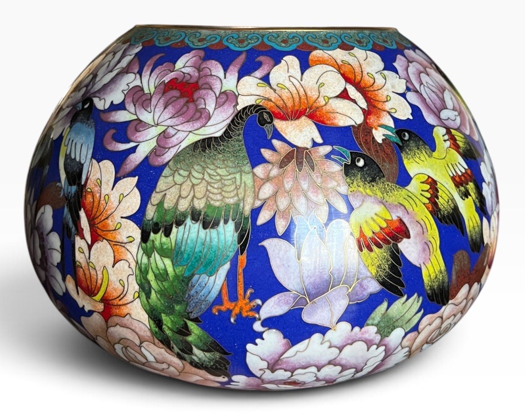 Vintage Chinese Cloisonné Enamel Bowl Bird Floral Jardinière Planter 10.5” HEAVY